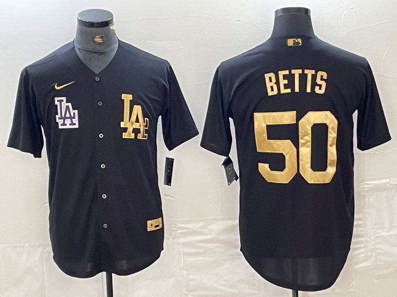 Men Los Angeles Dodgers 50 Betts Black gold 4 th generation Nike 2024 MLB Jersey style 2